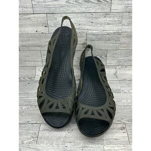 Crocs Adrina‎ III Peep Toe Wedge Sandals Army Green Black Womens 9 14937